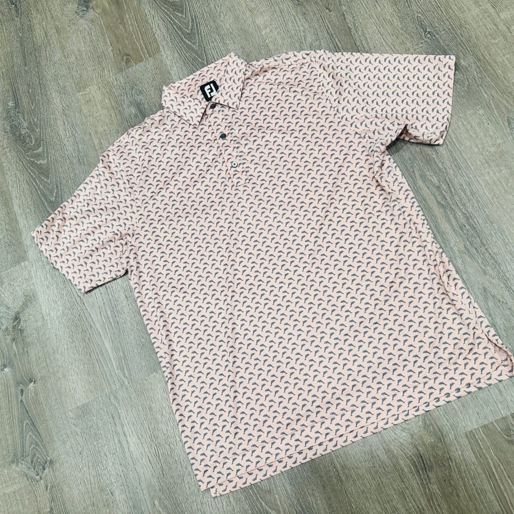 Footjoy FJ Polo Shirt Men's L Pink Gray Dolphin All Over Print Golf Performance